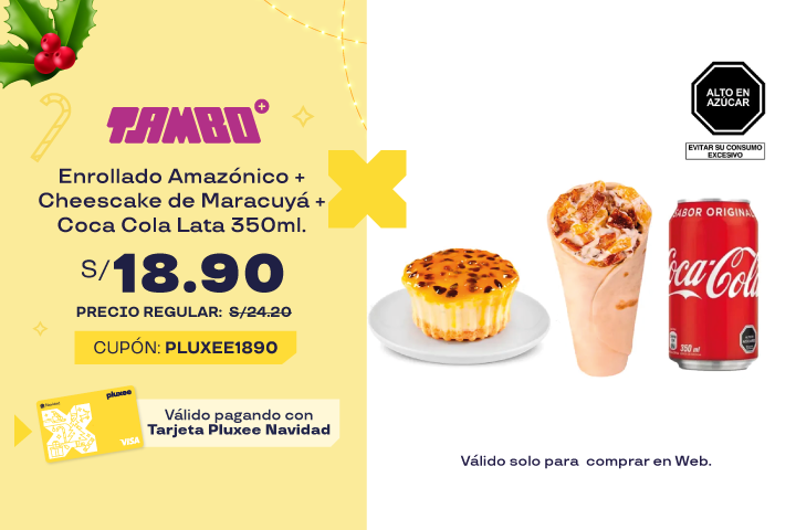 ENROLLADO AMAZÓNICO +  CHEESCAKE DE MARACUYA+ COCA COLA LATA 350ML. PRECIO PROMO: S/.18.90. PRECIO REGULAR: S/.24.70. VÁLIDO SOLO PARA COMPRAR EN WEB.